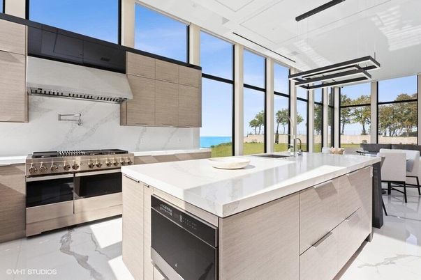 Dining room, Interior, Kitchen, Marble, Pendant Lights, Stainless Steel Appliances, Water