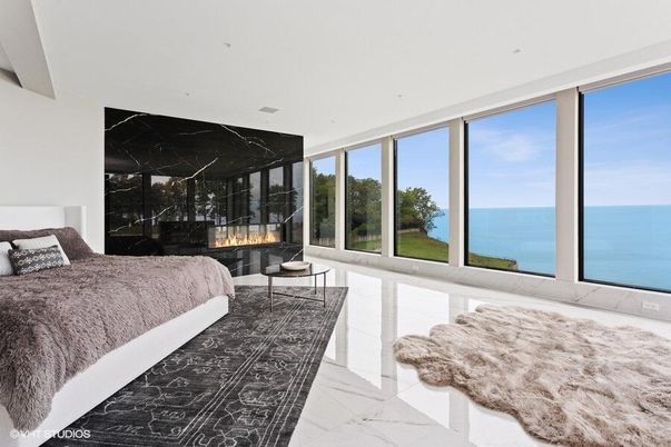 Bedroom, Fireplace, Interior, Marble, Marble Walls, Recessed Lighting, Water
