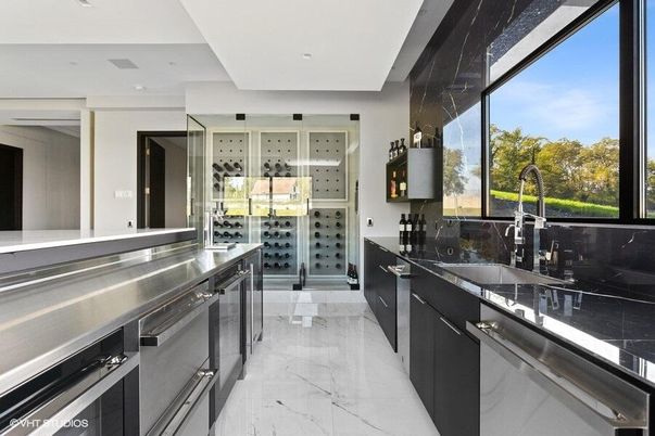 Interior, Kitchen, Marble, Marble Walls, Recessed Lighting, Stainless Steel Appliances