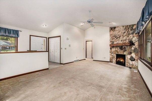 Empty room, Fireplace, Interior, Recessed Lighting, Stone Walls