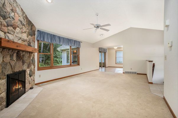 Empty room, Fireplace, Interior, Recessed Lighting, Stone Walls