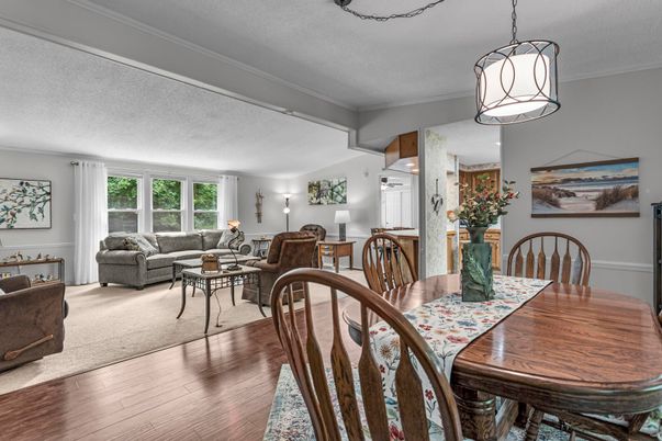 Dining room, Interior, Living room, Pendant Lights, Wood Texture Flooring