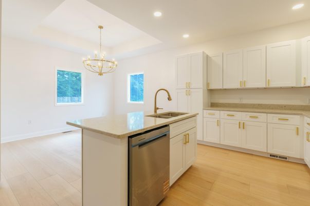 Chandelier, Interior, Kitchen, Recessed Lighting, Stainless Steel Appliances, Wood Texture Flooring