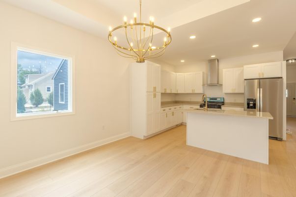 Chandelier, Interior, Kitchen, Recessed Lighting, Wood Texture Flooring
