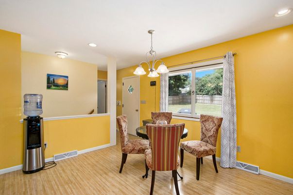 Dining room, Interior, Pendant Lights, Recessed Lighting, Wood Texture Flooring