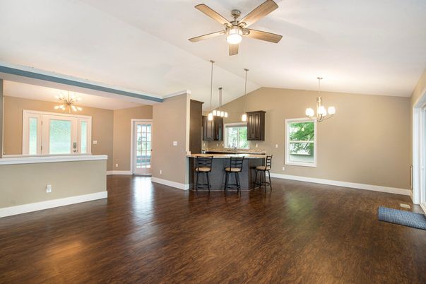 Chandelier, Empty room, Interior, Kitchen, Pendant Lights, Wood Texture Flooring