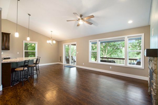 Empty room, Interior, Pendant Lights, Recessed Lighting, Wood Texture Flooring