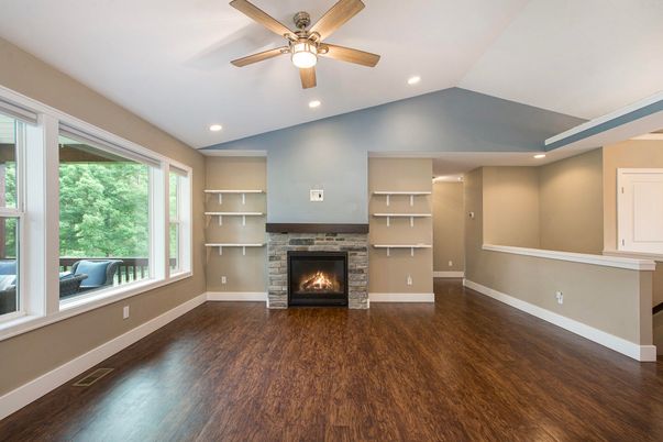 Empty room, Fireplace, Interior, Recessed Lighting, Wood Texture Flooring