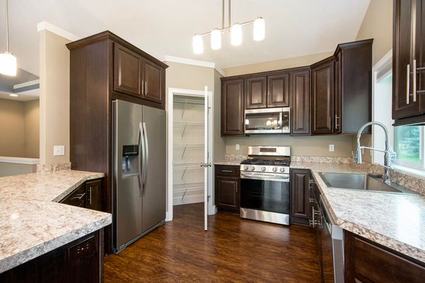 Interior, Kitchen, Pendant Lights, Stainless Steel Appliances, Wood Texture Flooring