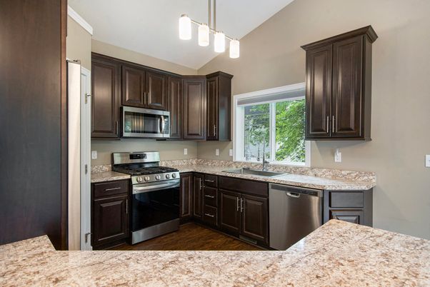 Interior, Kitchen, Pendant Lights, Stainless Steel Appliances, Wood Texture Flooring