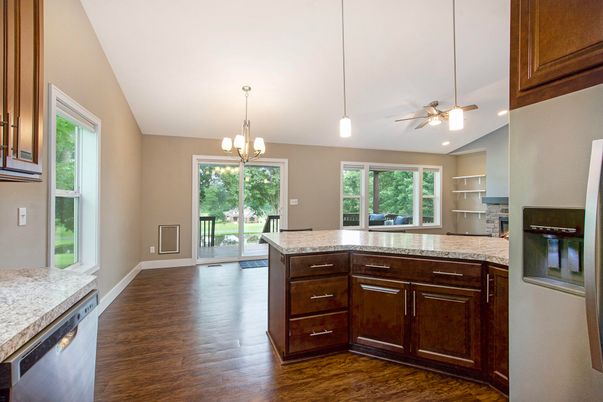 Chandelier, Interior, Kitchen, Pendant Lights, Recessed Lighting, Wood Texture Flooring