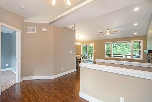 Chandelier, Empty room, Interior, Recessed Lighting, Wood Texture Flooring