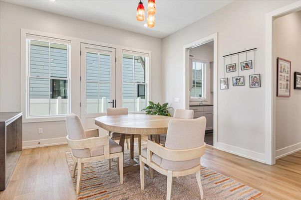 Dining room, Interior, Pendant Lights, Wood Texture Flooring