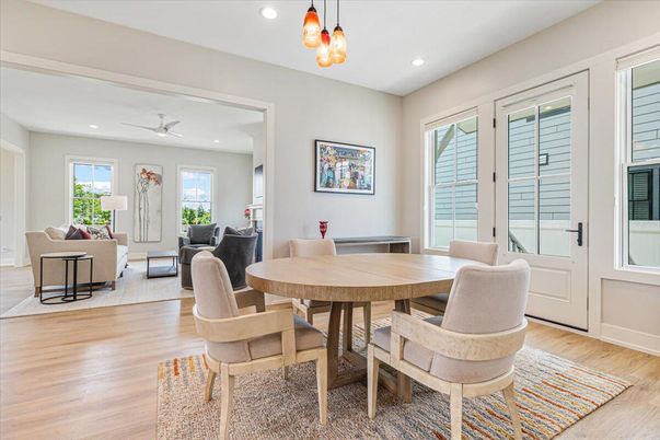 Dining room, Interior, Living room, Pendant Lights, Recessed Lighting, Wood Texture Flooring