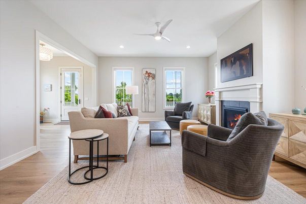 Fireplace, Interior, Living room, Recessed Lighting, Wood Texture Flooring