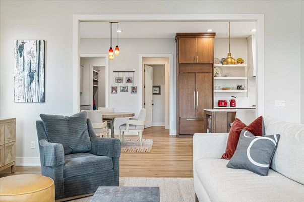 Dining room, Interior, Living room, Pendant Lights, Recessed Lighting, Wood Texture Flooring