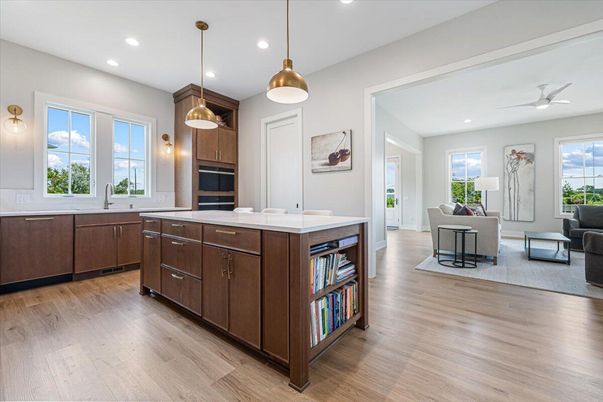 Interior, Kitchen, Living room, Pendant Lights, Recessed Lighting, Wood Texture Flooring