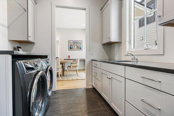 Dining room, Interior, Recessed Lighting, Washer, Wood Texture Flooring