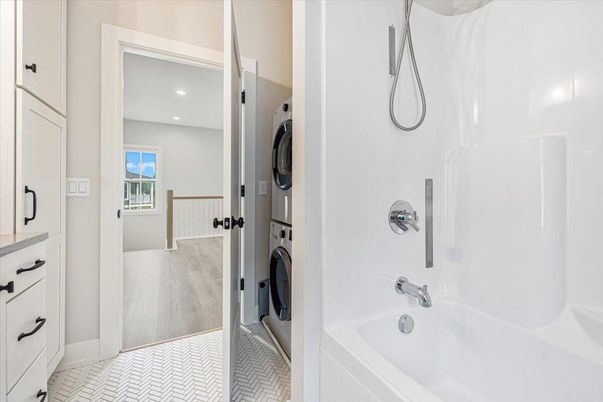 Bathroom, Interior, Recessed Lighting, Utility Closets, Washer, Wood Texture Flooring