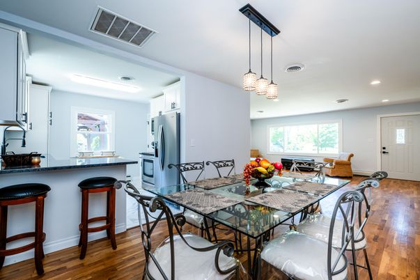 Dining room, Interior, Kitchen, Pendant Lights, Recessed Lighting, Wood Texture Flooring