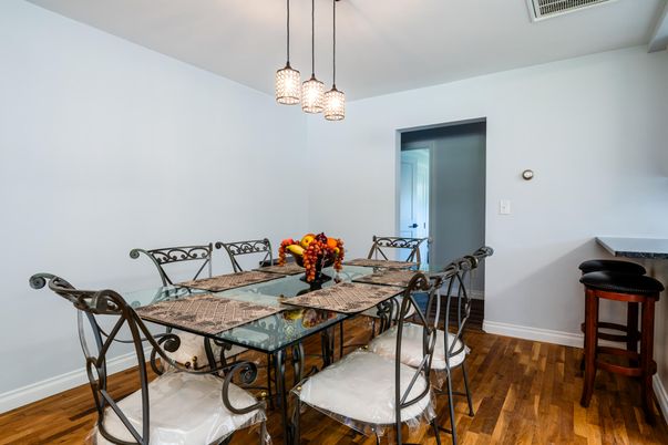 Dining room, Interior, Pendant Lights, Wood Texture Flooring