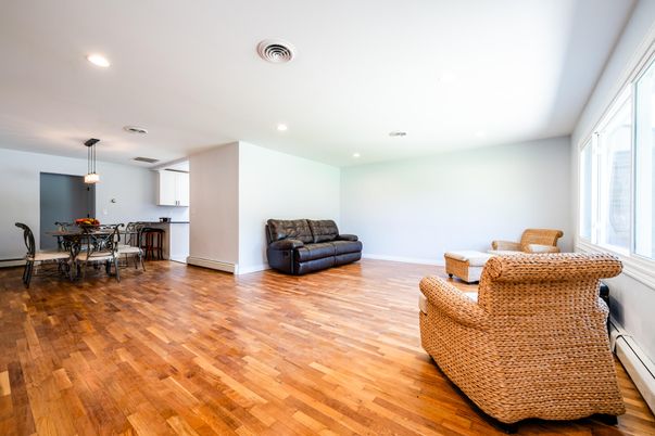 Dining room, Interior, Pendant Lights, Recessed Lighting, Wood Texture Flooring