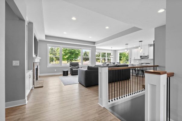Fireplace, Interior, Kitchen, Living room, Pendant Lights, Recessed Lighting, Wood Texture Flooring