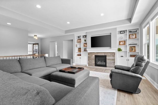 Fireplace, Interior, Living room, Recessed Lighting, Wood Texture Flooring