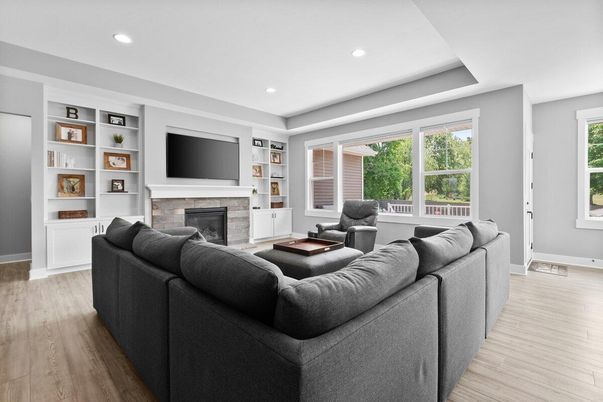 Fireplace, Interior, Living room, Recessed Lighting, Wood Texture Flooring