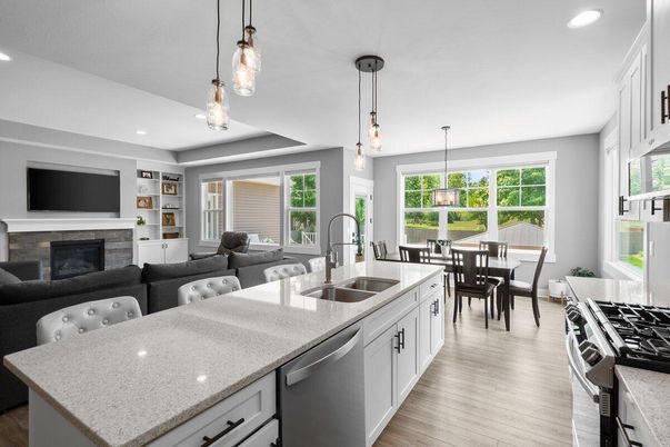 Dining room, Fireplace, Interior, Kitchen, Living room, Pendant Lights, Recessed Lighting, Wood Texture Flooring