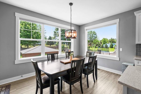 Dining room, Interior, Pendant Lights, Wood Texture Flooring