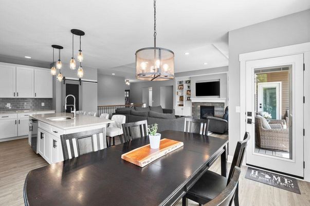 Dining room, Fireplace, Interior, Kitchen, Living room, Pendant Lights, Recessed Lighting, Wood Texture Flooring