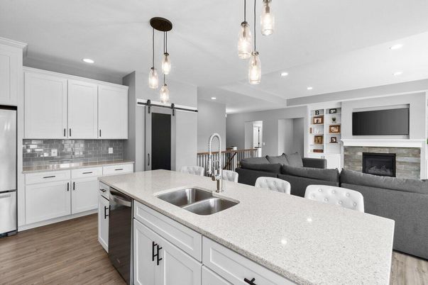 Fireplace, Interior, Kitchen, Pendant Lights, Recessed Lighting, Wood Texture Flooring