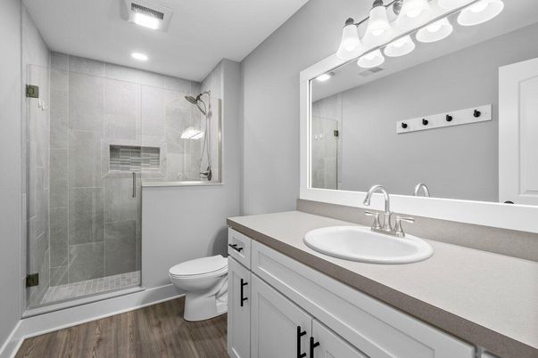Bathroom, Glass Shower, Interior, Recessed Lighting, Wood Texture Flooring