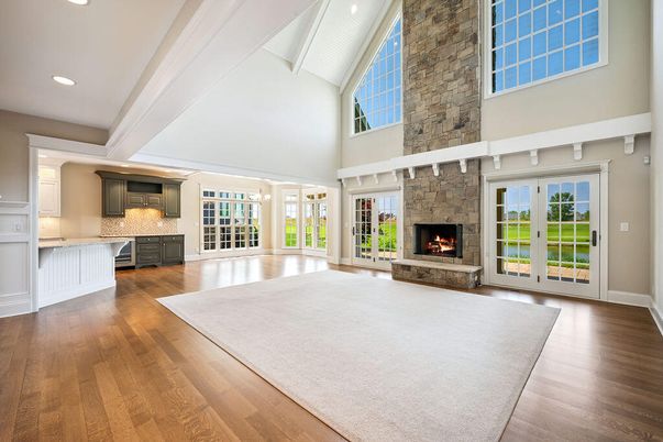 Empty room, Fireplace, Interior, Kitchen, Recessed Lighting, Wood Texture Flooring