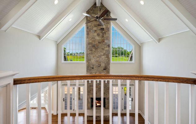 Fireplace, Interior, Recessed Lighting, Stone Walls, Wood Texture Flooring