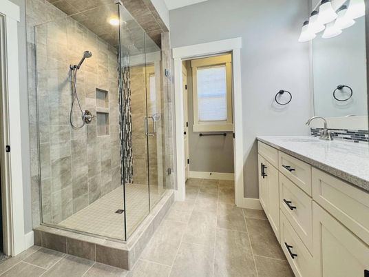 Bathroom, Dual Sink Vanities, Glass Shower, Interior, Recessed Lighting