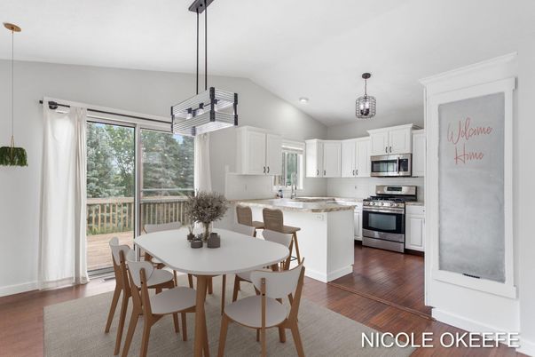 Dining room, Interior, Kitchen, Pendant Lights, Recessed Lighting, Stainless Steel Appliances, Wood Texture Flooring