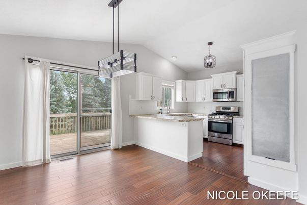 Interior, Kitchen, Pendant Lights, Recessed Lighting, Stainless Steel Appliances, Wood Texture Flooring