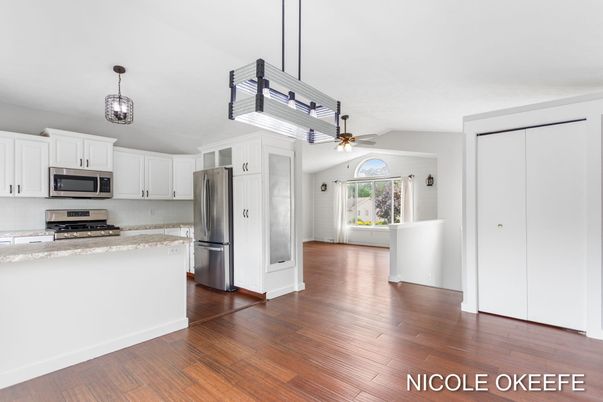 Interior, Kitchen, Pendant Lights, Stainless Steel Appliances, Wood Texture Flooring