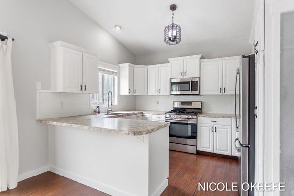 Interior, Kitchen, Pendant Lights, Recessed Lighting, Stainless Steel Appliances, Wood Texture Flooring