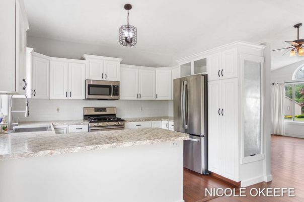 Interior, Kitchen, Pendant Lights, Stainless Steel Appliances, Wood Texture Flooring