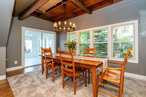 Chandelier, Dining room, Interior, Wooden Beams, Wooden Ceilings, Wood Texture Flooring