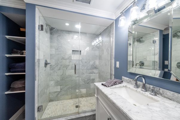 Bathroom, Glass Shower, Interior, Marble Walls, Recessed Lighting