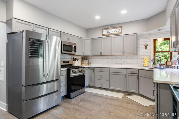 Interior, Kitchen, Pendant Lights, Recessed Lighting, Stainless Steel Appliances, Wood Texture Flooring