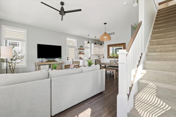 Dining room, Interior, Kitchen, Living room, Pendant Lights, Stainless Steel Appliances, Wood Texture Flooring
