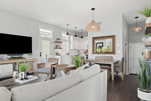 Dining room, Interior, Kitchen, Living room, Pendant Lights, Wood Texture Flooring