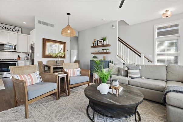 Dining room, Interior, Kitchen, Living room, Pendant Lights, Recessed Lighting, Stainless Steel Appliances, Wood Texture Flooring