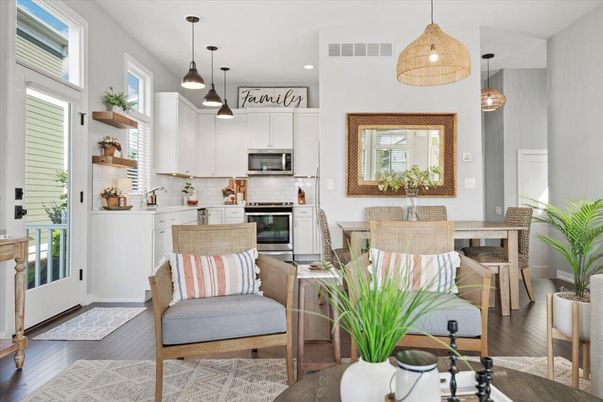 Dining room, Interior, Kitchen, Pendant Lights, Recessed Lighting, Stainless Steel Appliances, Wood Texture Flooring