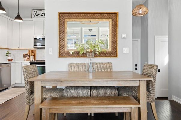 Dining room, Interior, Kitchen, Pendant Lights, Wood Texture Flooring